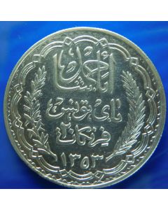 Tunisia 	 20 Francs	1934	 AH1353 - Ahmad Pasha Bey - Silver - A-UNC