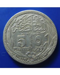 Egypt 	 5 Piastres	1917	 AH1335	 Silver; Hussein Kamel; Bombay Mint; XF 