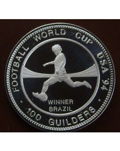 Suriname 	 100 Gulden	1994	 World Cup; Winner Brazil; Silver Proof