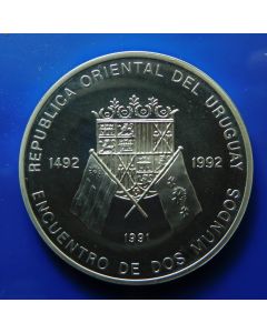 Uruguay 	 50000 Nuevos pesos	1991	 Encounter of two Worlds – Silver / Proof