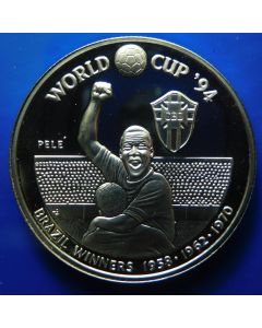 Turks & Caicos Islands 	 20 Crowns	1993	 Brazil, Pelé being held up by another player in from of crowd 
