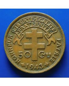 Madagascar 	 50 Centimes	1943	 - Cross of Lorraine