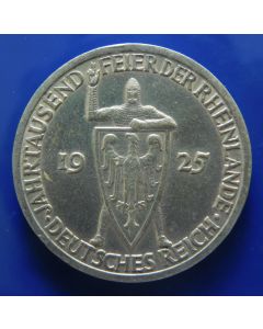 Germany, Weimar Republic 	 3 Reichsmark	 1925A	 - 100th Year of the Rhineland - Silver