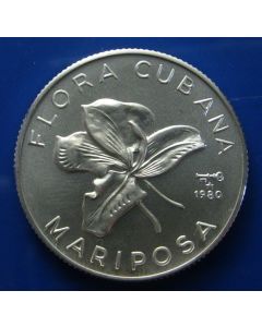 Carib.C.	 5 Pesos	1980	 - Cuban flower Mariposa / Silver - BU