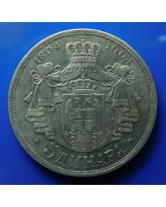  Serbia - Kingdom	 5 Dinara	1904	 100th Ann. Karageorgevich Dynasty xf+