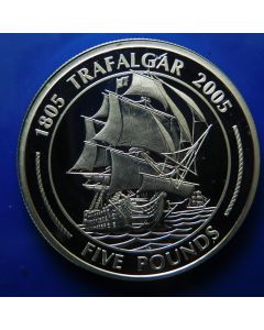 Gibraltar 	 5 Pounds	2005	 200th Anniversary of the Battle of Trafalgar, WARSHIP IN FULL SAIL.