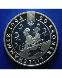 Norway 	 50 Kroner	1992	 - Silver - 2 Children on sled