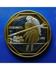 Guatemala 	 50 Quetzal	1995	 Tri-Metallic  Guacamaya parrot, Antigua in background (low mintage, 150pc)